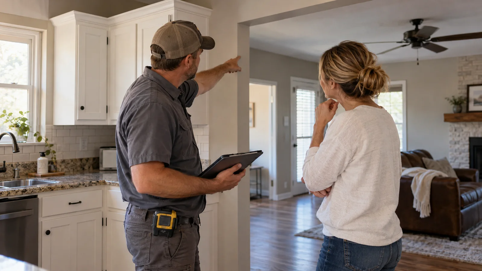 Contractor and homeowner discussing a renovation during a project walkthrough